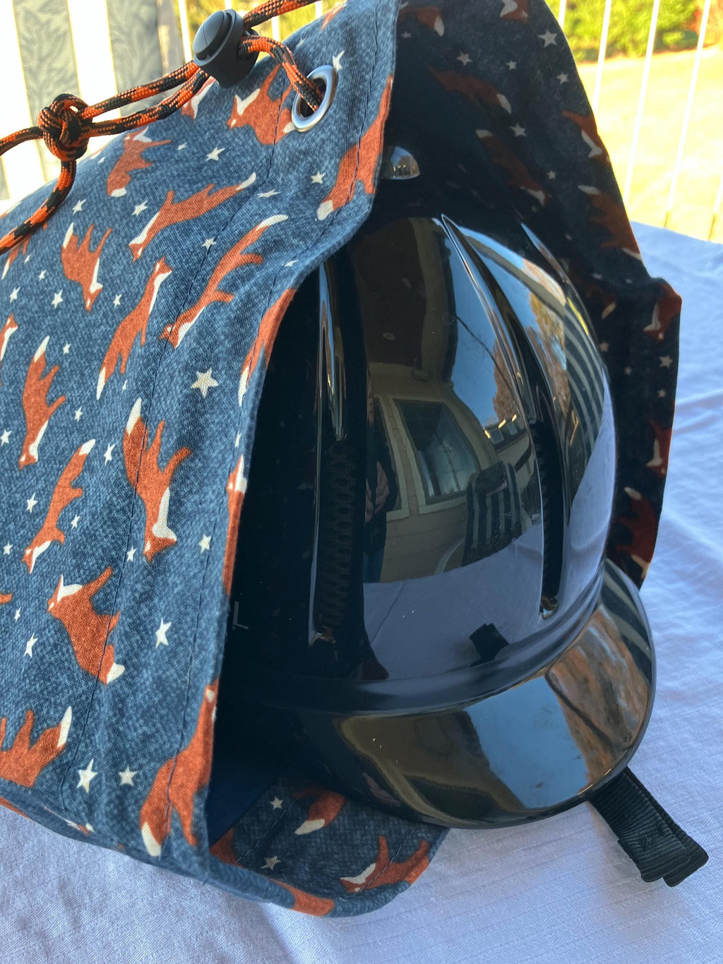 Equestrian Helmet Bags//Foxes!//Fox Hunting//Navy Rust Color//Horses//Drawstring Bag//waterproof lining