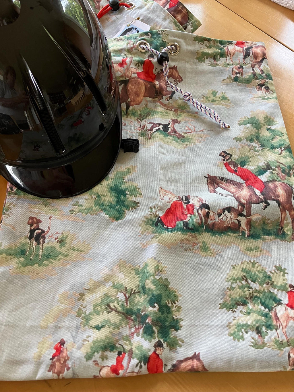 Equestrian Helmet Bags//Blue Hunt Scenes//Fox Hunting//Horses//Drawstring Bag//waterproof lining