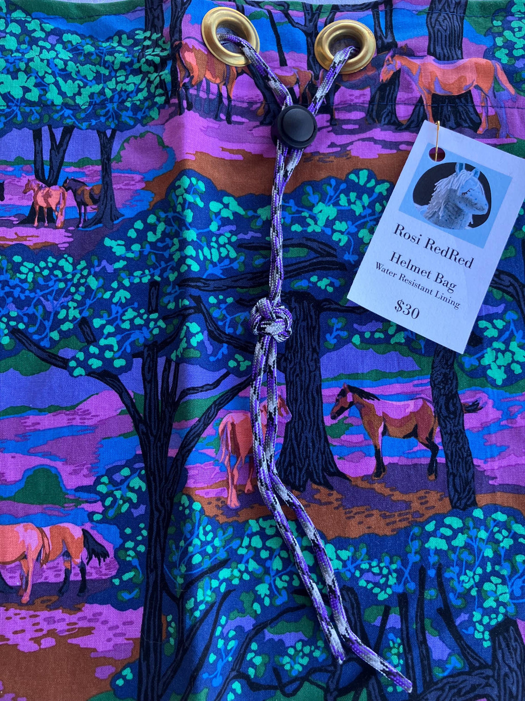Equestrian Helmet Bags//Neon Forest Horses//Drawstring Bag//waterproof lining