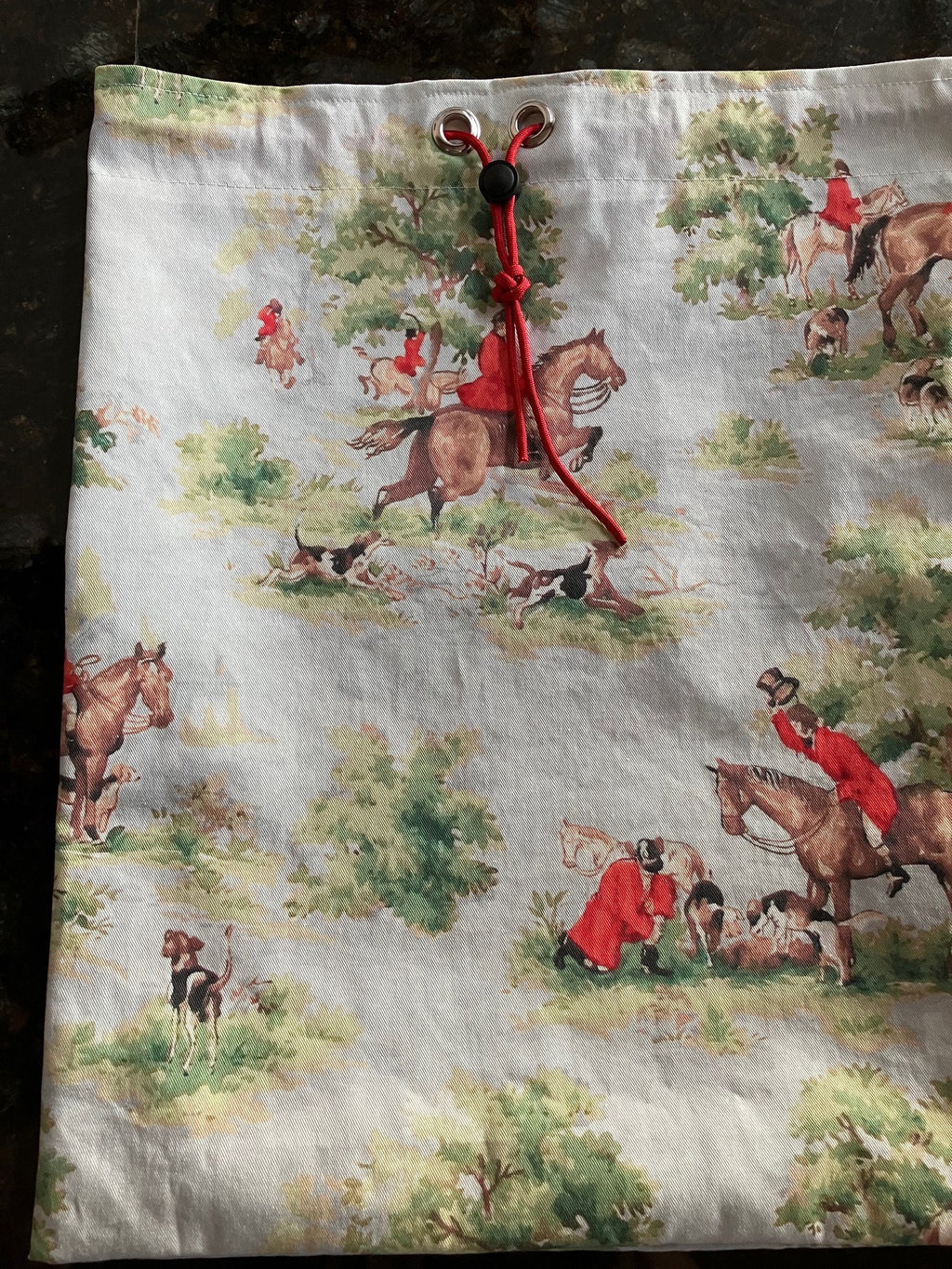 Equestrian Helmet Bags//Blue Hunt Scenes//Fox Hunting//Horses//Drawstring Bag//waterproof lining