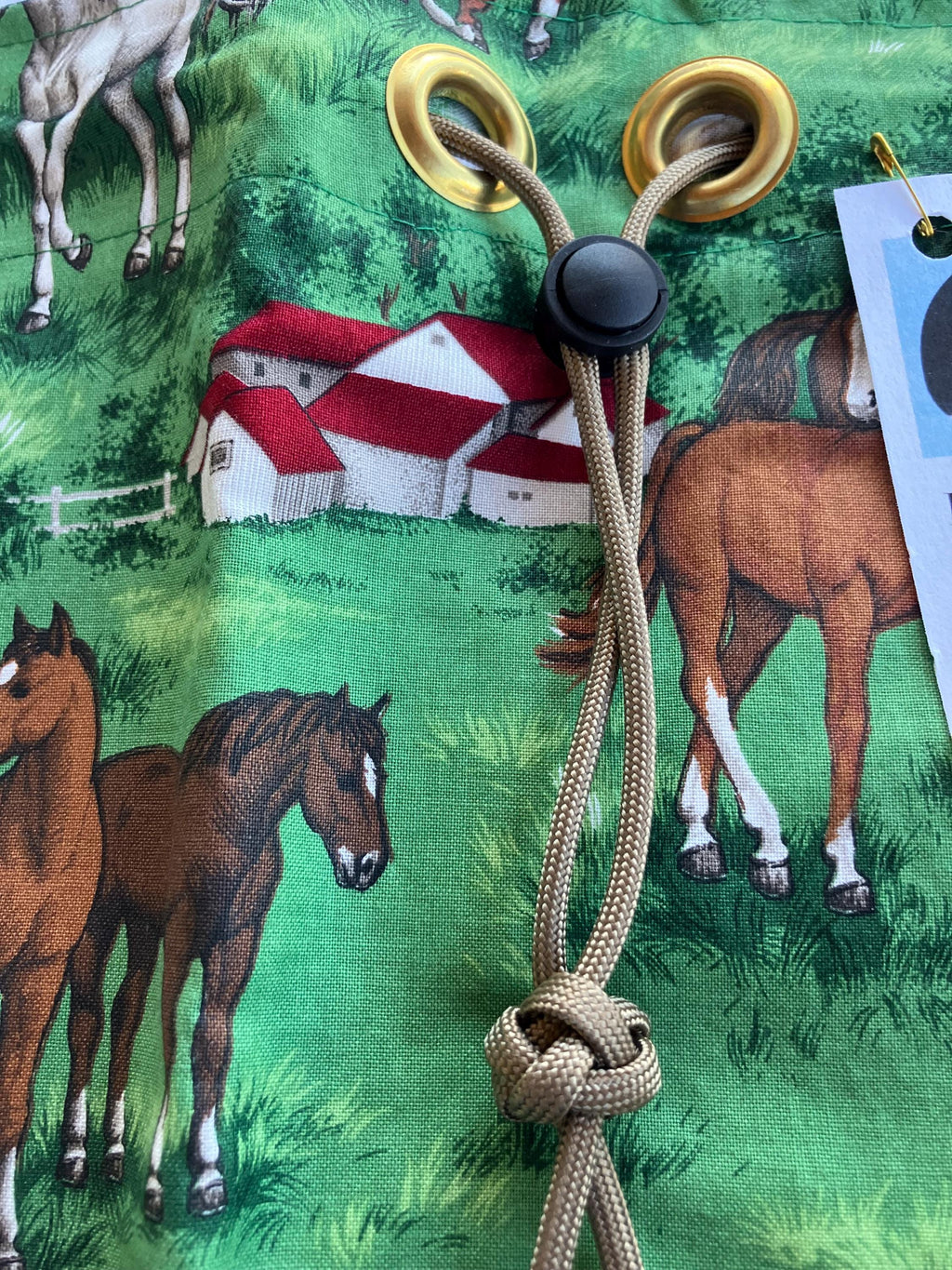 Equestrian Helmet Bags//Chestnut Horse//Barn//Drawstring Bag//waterproof lining//Green//Red