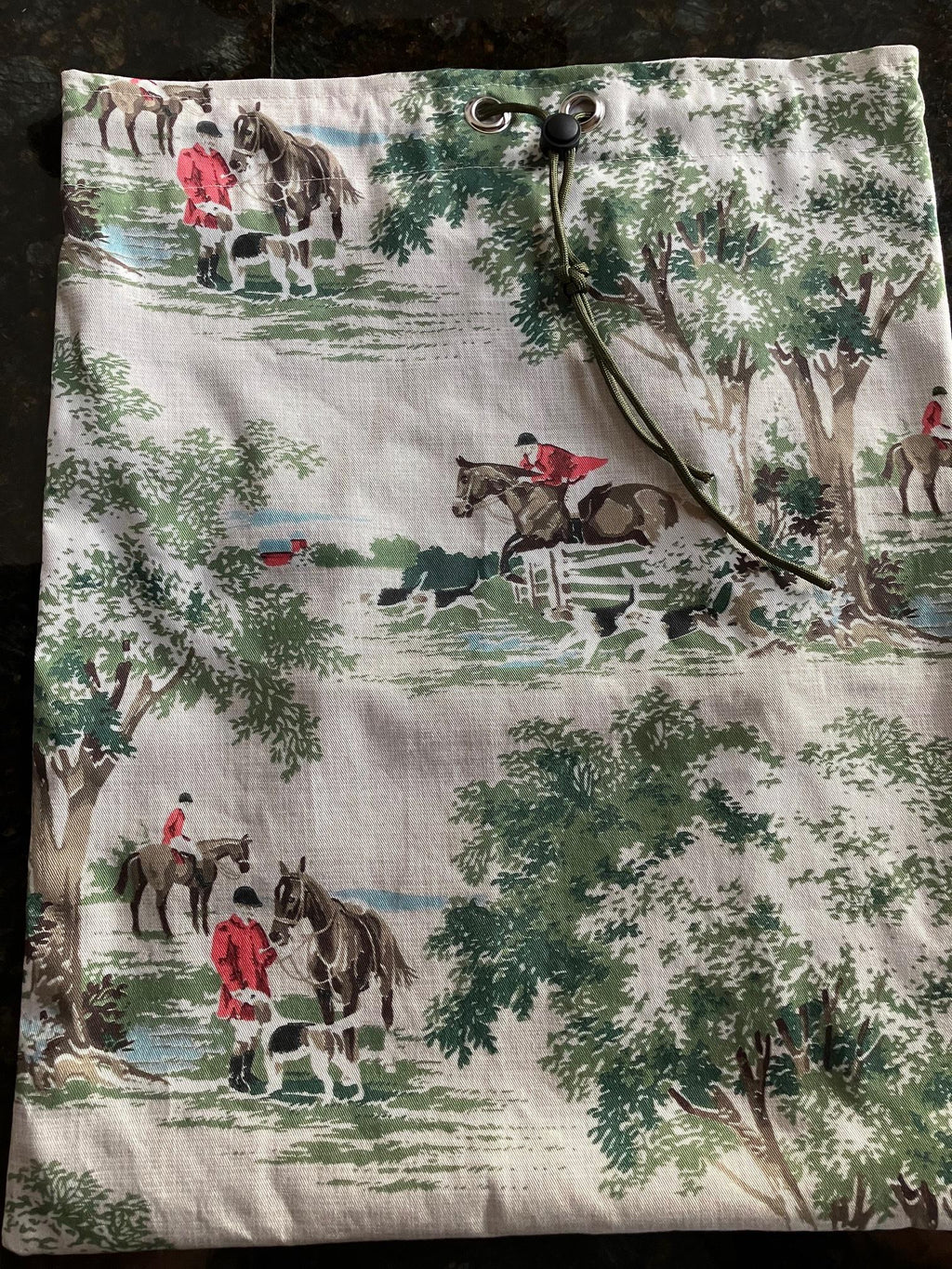 Equestrian Helmet Bags//Green Hunt Scenes//Fox Hunting//Horses//Drawstring Bag//waterproof lining
