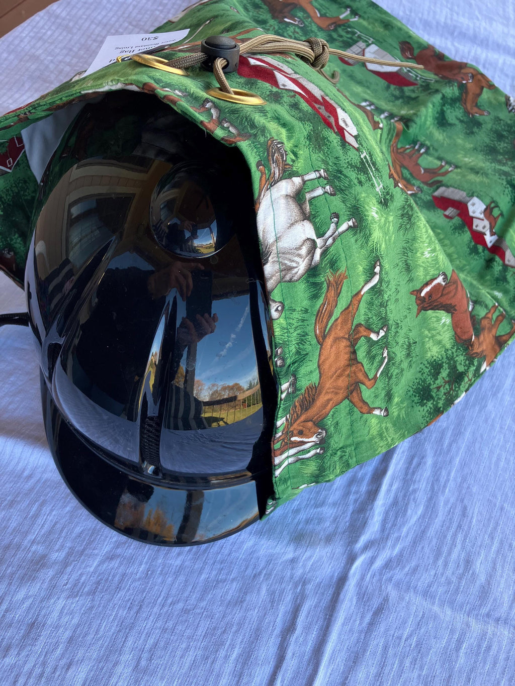 Equestrian Helmet Bags//Chestnut Horse//Barn//Drawstring Bag//waterproof lining//Green//Red