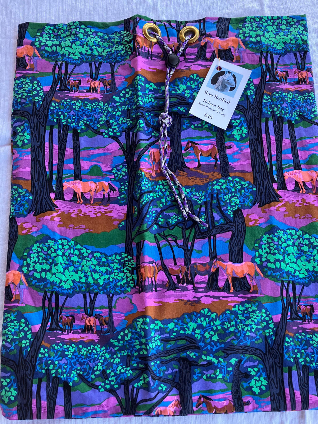 Equestrian Helmet Bags//Neon Forest Horses//Drawstring Bag//waterproof lining
