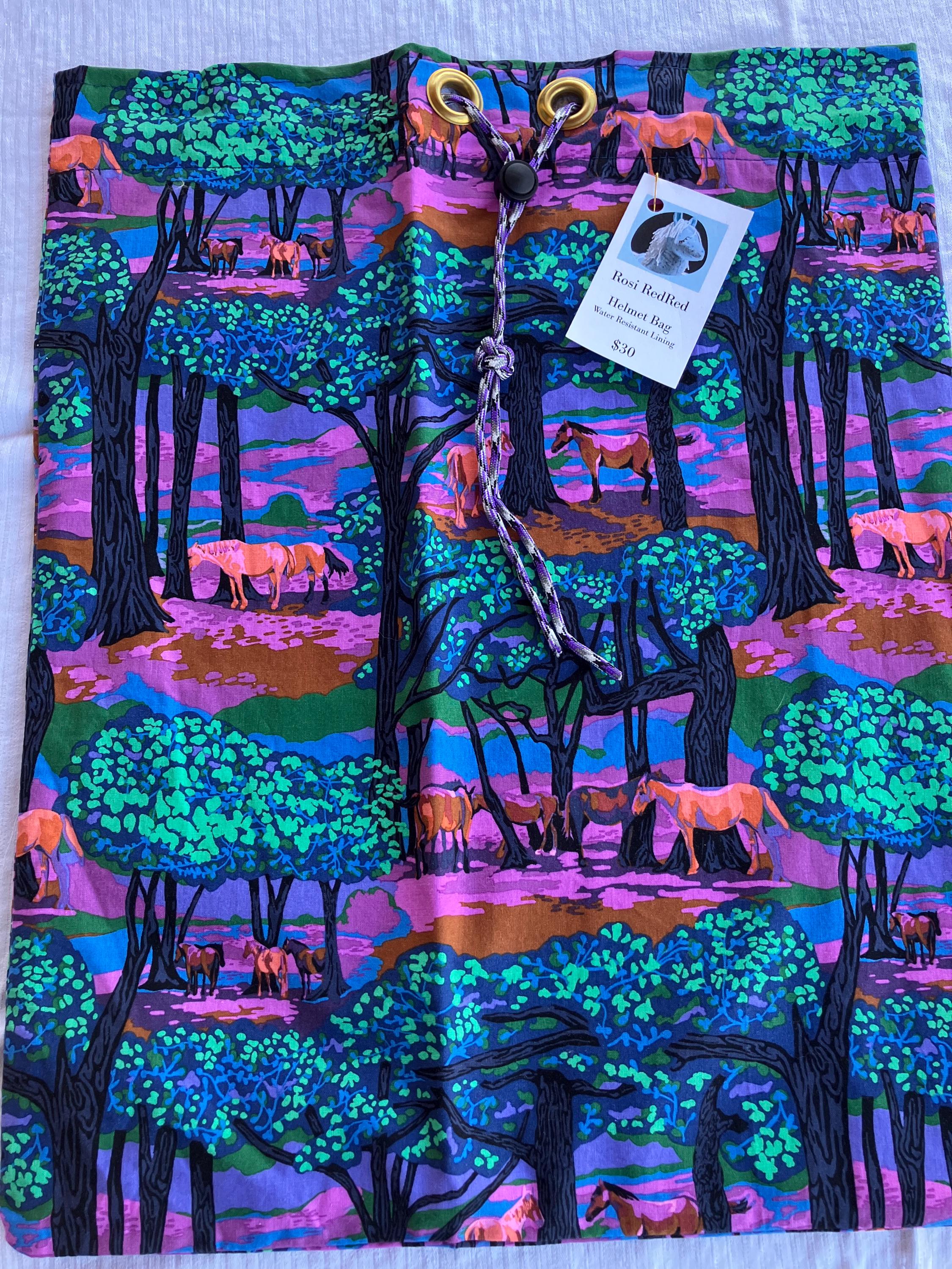 Equestrian Helmet Bags//Neon Forest Horses//Drawstring Bag//waterproof lining